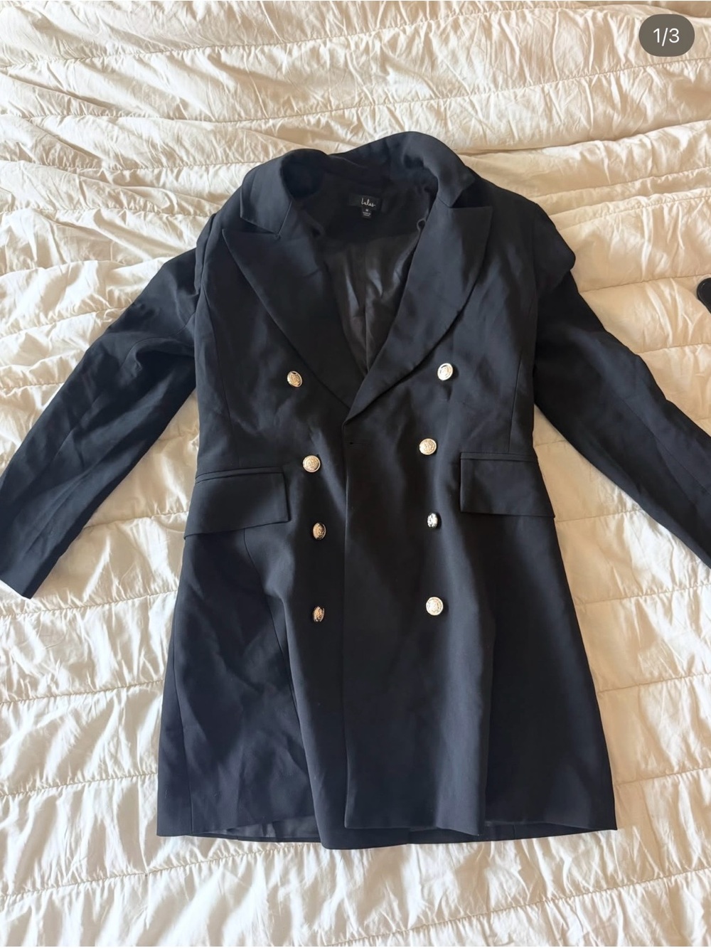 Lulu's Black Double-Breasted Tailored Blazer Coat with Gold Buttons - Size M